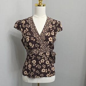 Nanette Lepore Vintage Brown Silk Floral Wrap V-Neck Cap Sleeve Top